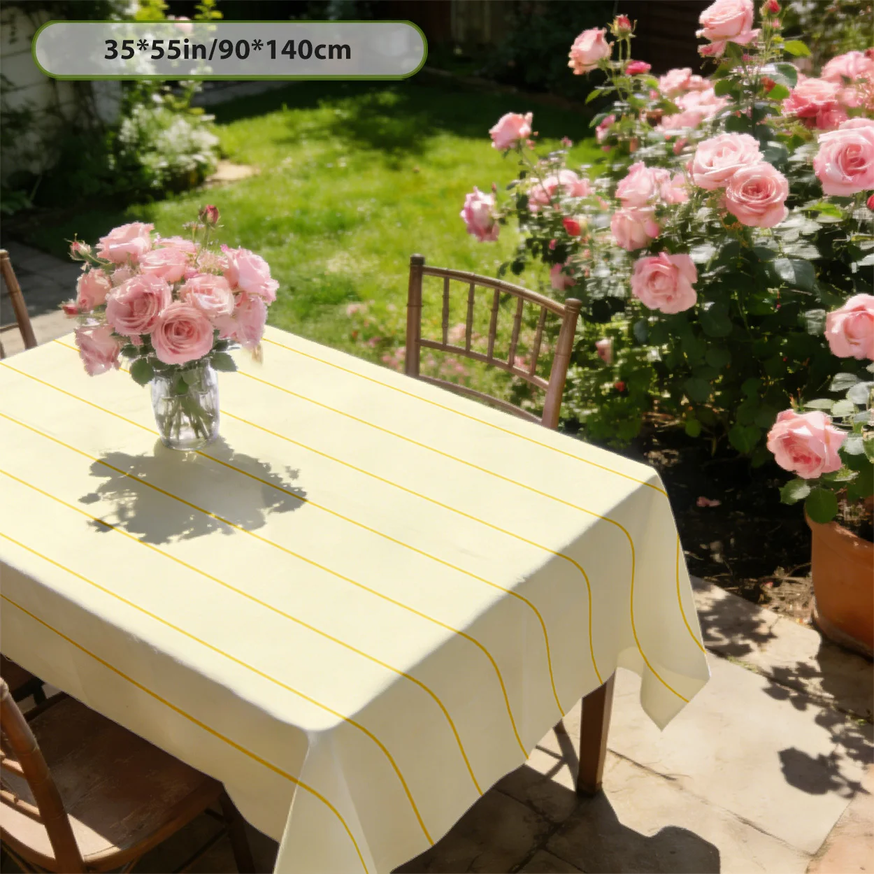 One rectangular tablecloth with a pale yellow background and light green horizontal lines. Made of durable polyester fabric.