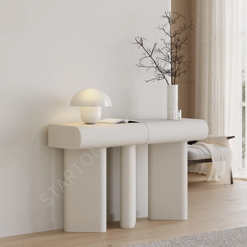 48 Inch Modern Console, Faux Leather Entryway Table, Chain Individual Drawers, Luxe Entrance Design