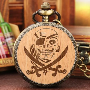 Винтажные кварцевые карманные часы с деревянной гравировкой, череп пирата, серп для мужчин, круглый циферблат, сплав, стимпанк, с цепочкой, антиквариат