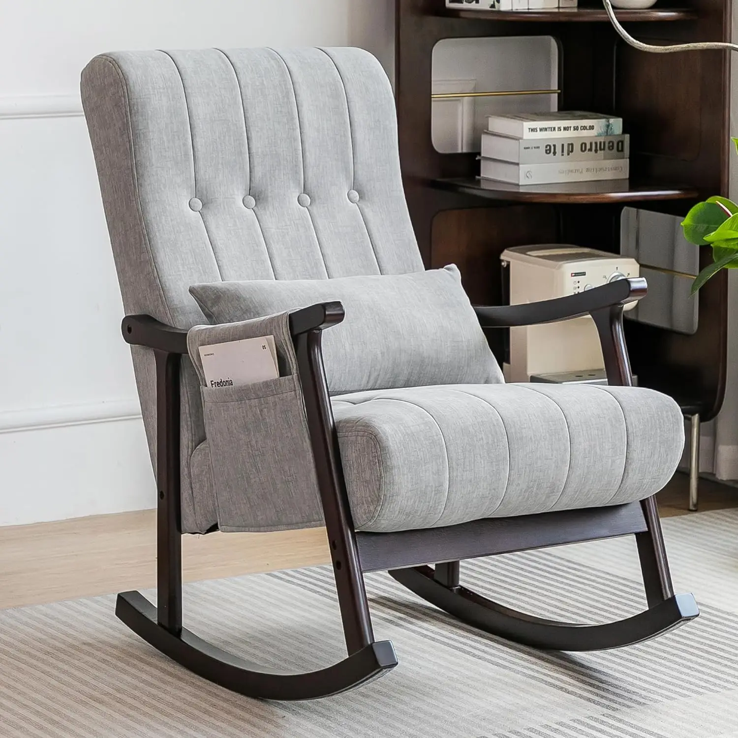 Upholstered Rocking Chair, Nursery Rocking Chair Indoor for Living Room, Modern Glider Rocker w/Pillow＆Side Pocket, High Back