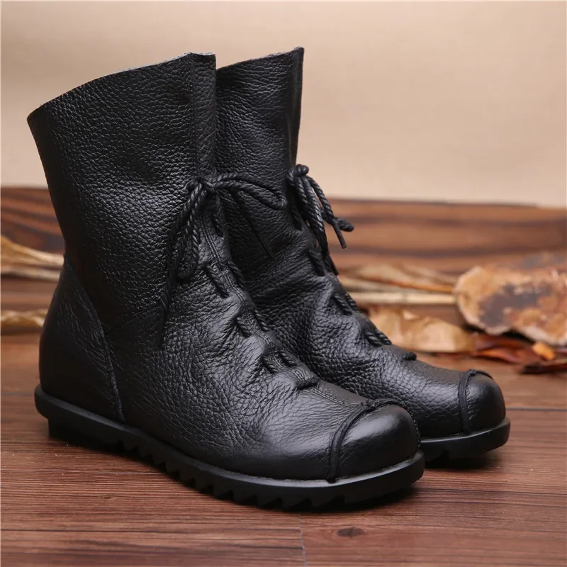 Vintage Women Boots Soft Cow Leather Shoes Women Ankle Boot Warm Plush Flat Booties Top Quality Winter Shoe Female Zapatos Mujer