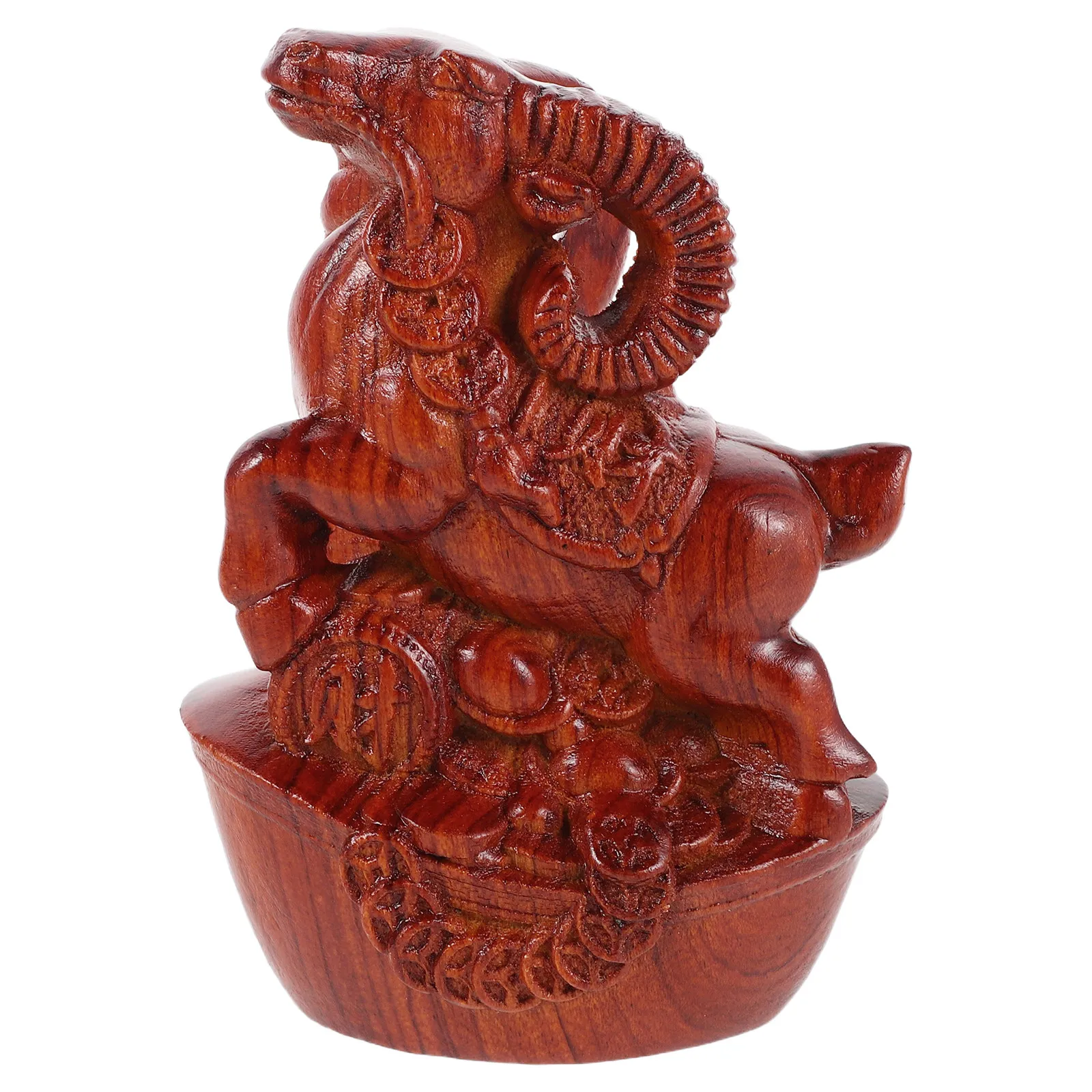 Wooden Chinese Sheep Statue 4.5in Carved Year of The Goat Sculpture Chinese New Year Zodiac Animal Good Luck Tabletop Ornament