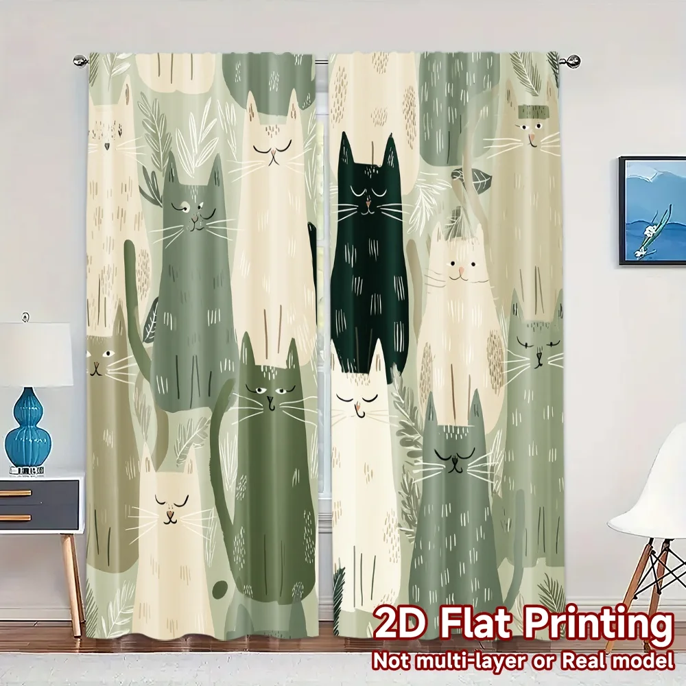 2D Flat Printing,JIT 2pcs, Curtains (Without Rod) Curtain Cats Modern Minimalist Curtains Versatile Polyester Curtains Versatile