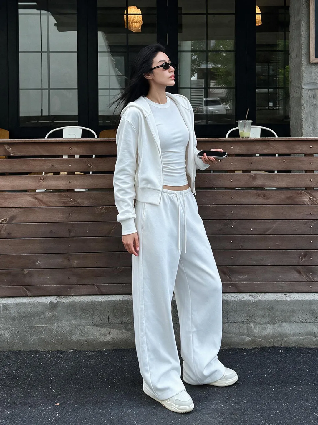 American Minimalist Sportswear Set Women's Autumn 2026 New White Casual Hooded Jacket Wide Leg Pants Two Piece Set