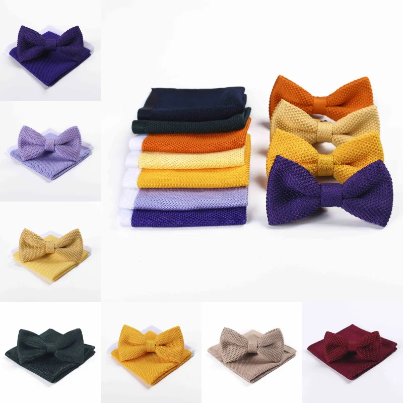 Knit Knitted Butterfly 2Pcs Set Bow tie Bowknot Mens Bowtie Handkerchief Pocket Squares school Hot MJ71