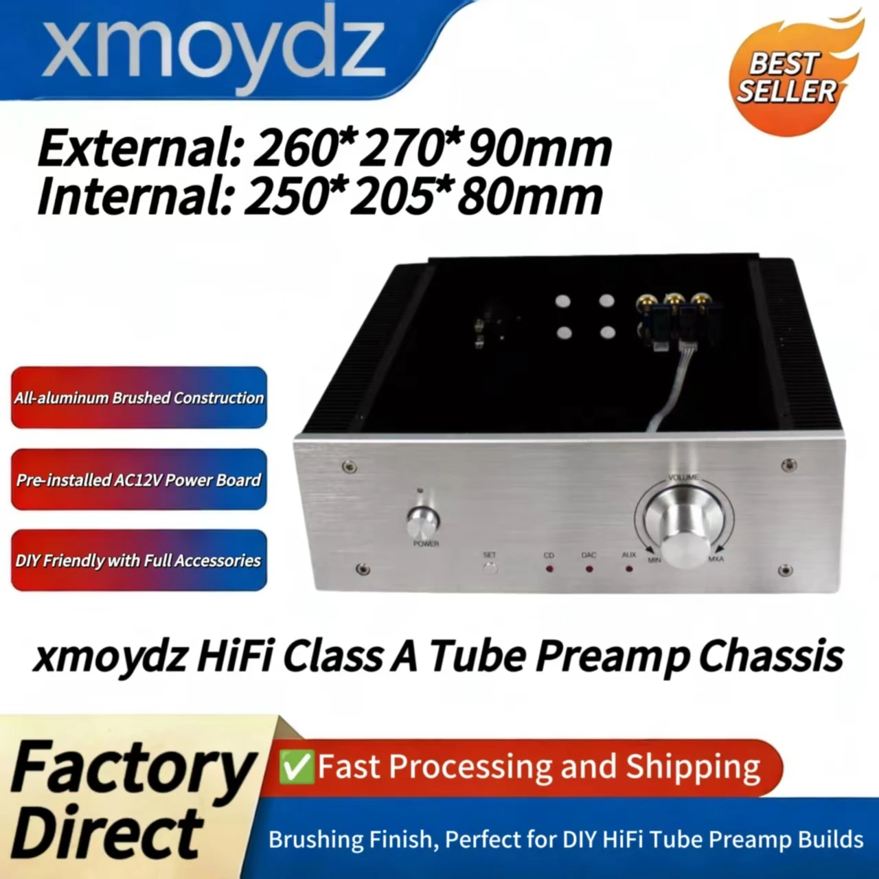 

Корпус для Hi-Fi усилителя из цельного алюминия 260*270*90 мм, для лампового предусилителя класса А, DIY, с внутренней отделкой 250*205*80 мм