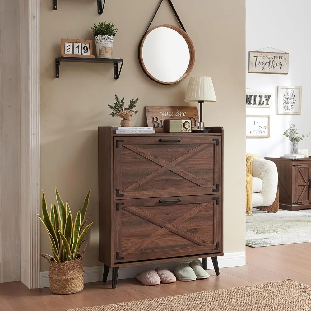 

Shoe Storage Cabinet,Farmhouse Shoe Organizer with 2 Flip Drawer & Barn Door Design,Freestanding Hidden Narrow Shoe Rack Cabinet