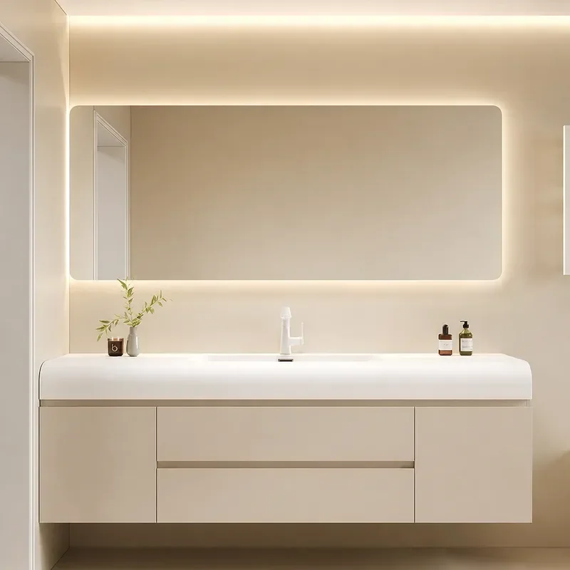 Corian Cream Bathroom Cabinet with Integrated Sink Modern Wall Mounted Vanity Unit Washbasin Combo for Toilet and Bath Room
