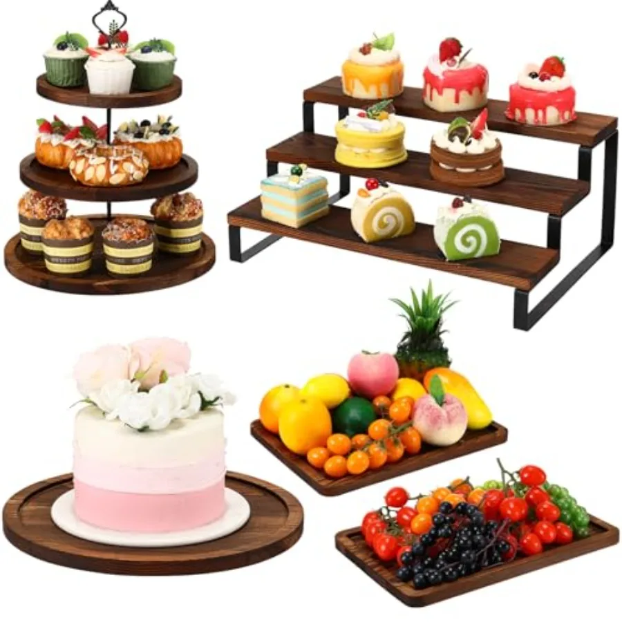 

5 Pcs Wooden Cupcake Stand Set 3 Tiered Display Shelf Round Rotatable Cupcake Stand Cake Tower Wood Rectangle Cake Tray for Dess