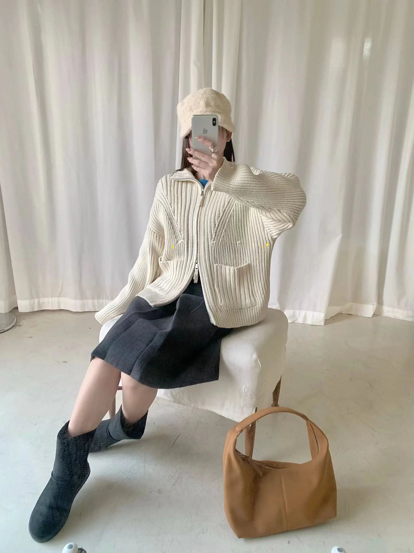 Koreański sweter-kabát z dzianiny, podwójny zamek błyskawiczny, wysoki kołnierz, wzór ket, styl Dongdaemun, nowość, odzież wierzchnia na jesień i zimę.