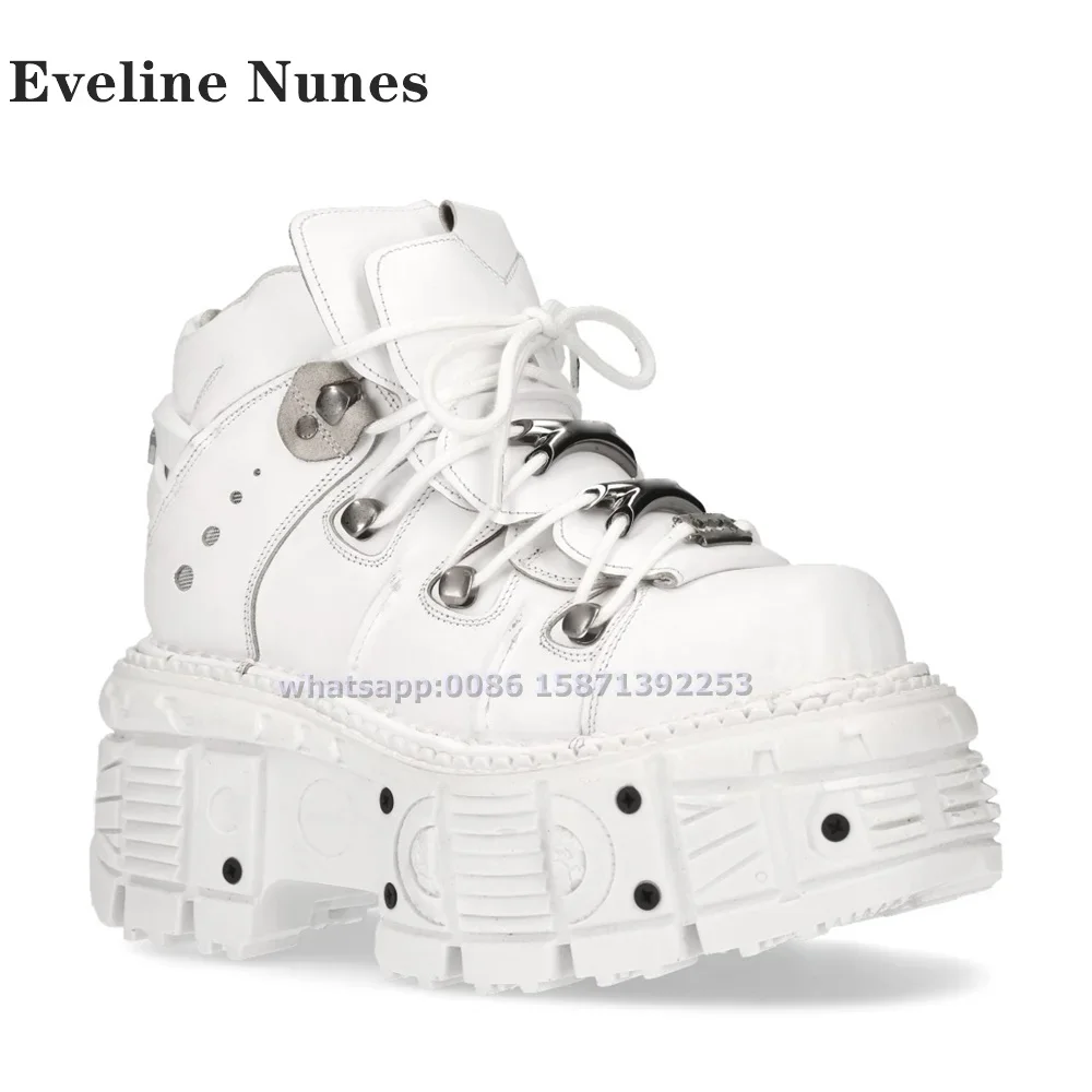 

Metal Decoration Platform Lace-Up Sneakers Round Toe Thick Sole Punk Cool Dark White Motorcycle Boots Spicy Girl 2024 spring