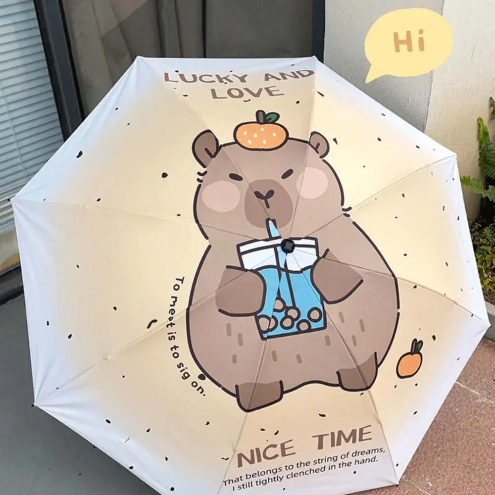 

Letter Print Capybara Automatic Umbrella Lightweight Mini Capybara Sun Protection Umbrella 8-Ribs Sunshade