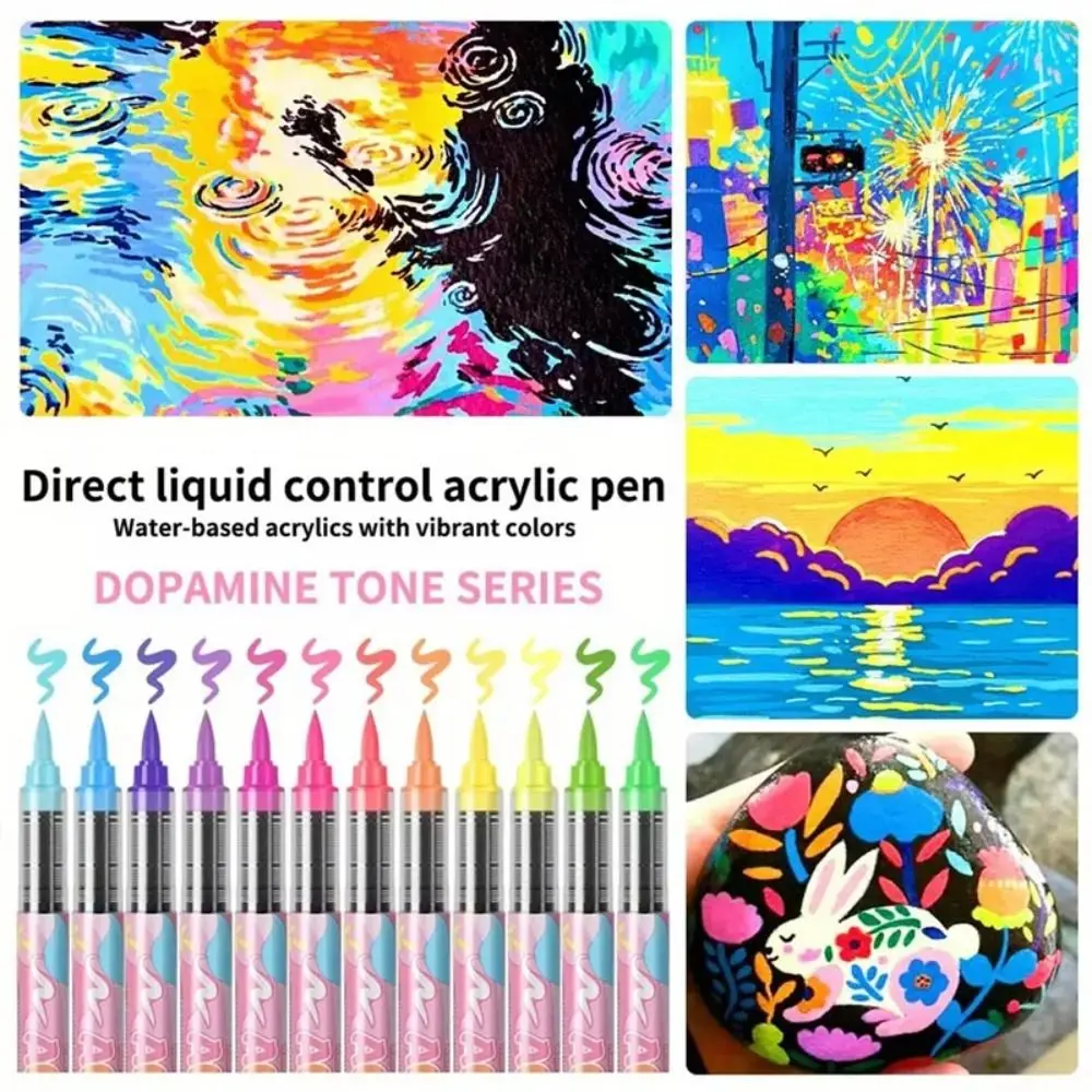 12 Colors Acrylic Paint Markers Direct-Liquid Ink Soft Brush Tip Acrylic Marker Pen DIY Art Supplies Premium Highlight Marker