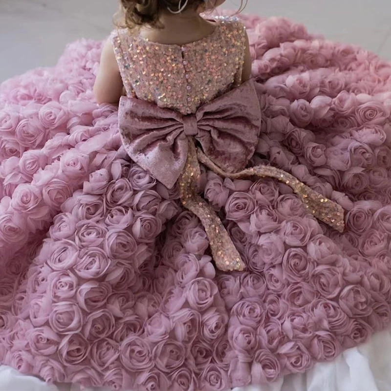 

New Sleeveless Sequin Rose Flower Fairy Bow Princess for Girls Dress