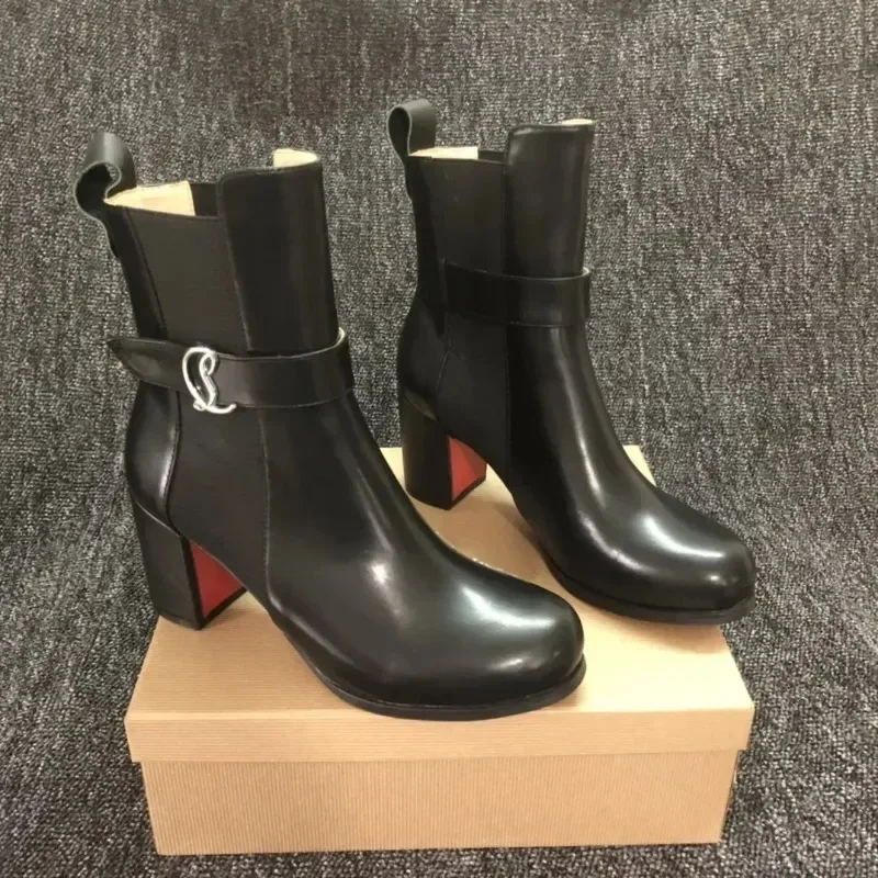 2023 New Luxury Red Bottom Boots Sexy Round Toes Square Heel Ankle Boots Women Elastic Band Black High Heel Red Sole Shoes