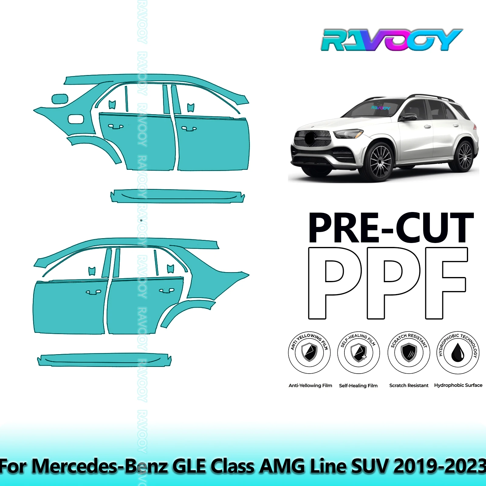 

For Mercedes-Benz GLE Class AMG Line SUV 2019-2023 8.5mil Pre-Cut PPF Door & A/B Pillar Kit TPU Paint Protection Film Set