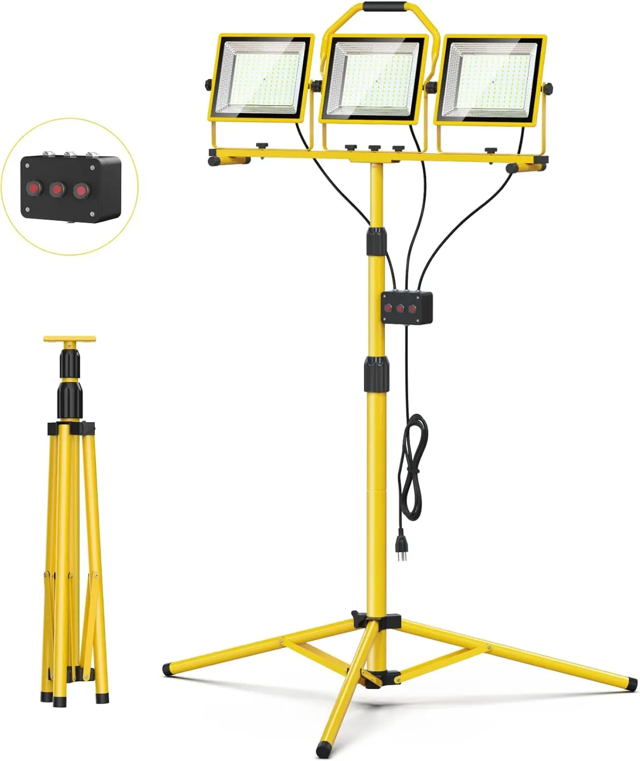 25200 Lumen Work Lights on Stand, Portable LED Work Lights with 3 Heads, 16FT Cord, Waterproof, Adjustable Tripod Stand Ideal fo