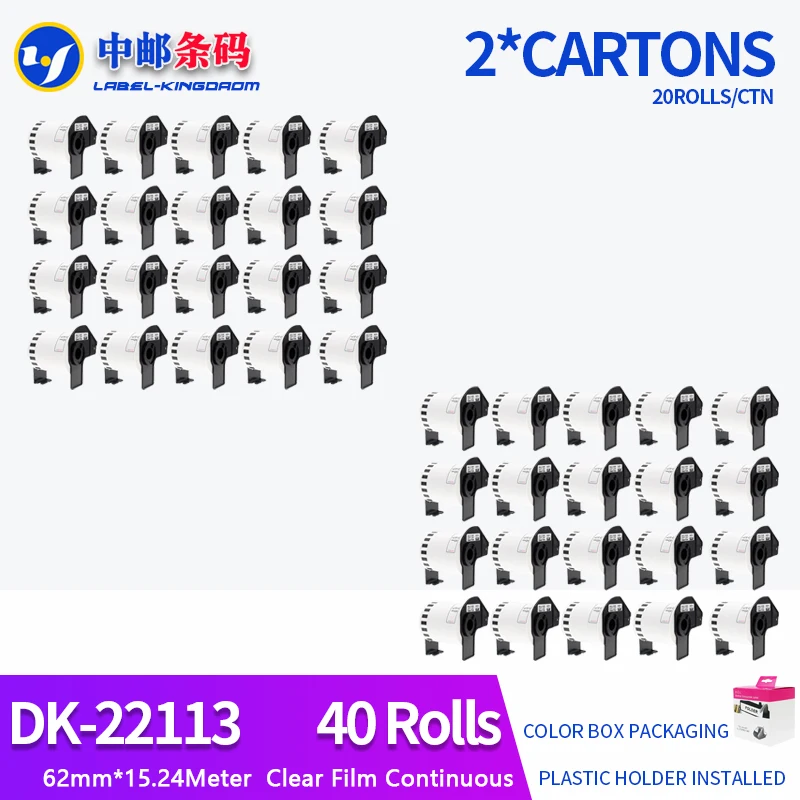 40 Rolls Compatible DK-22113 Transparent Label 62mm*15.24M Continuous for Brother QL-700/800 Printer Including Plastich Holder