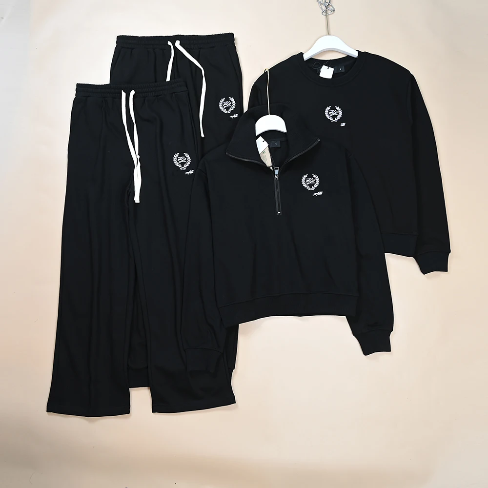 

Autumn Winter Casual Sports Suit Men Women Themed Chest Calligraphy Embroidery Pattern Double Layer Long Sleeve round Neck