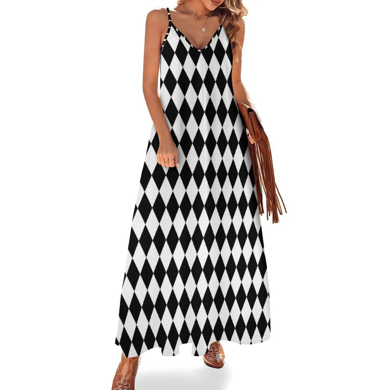 

Black & White Harlequin Diamond Pattern Sleeveless Long Dress Cocktail of dresses Dresses chic and elegant woman dress Dress