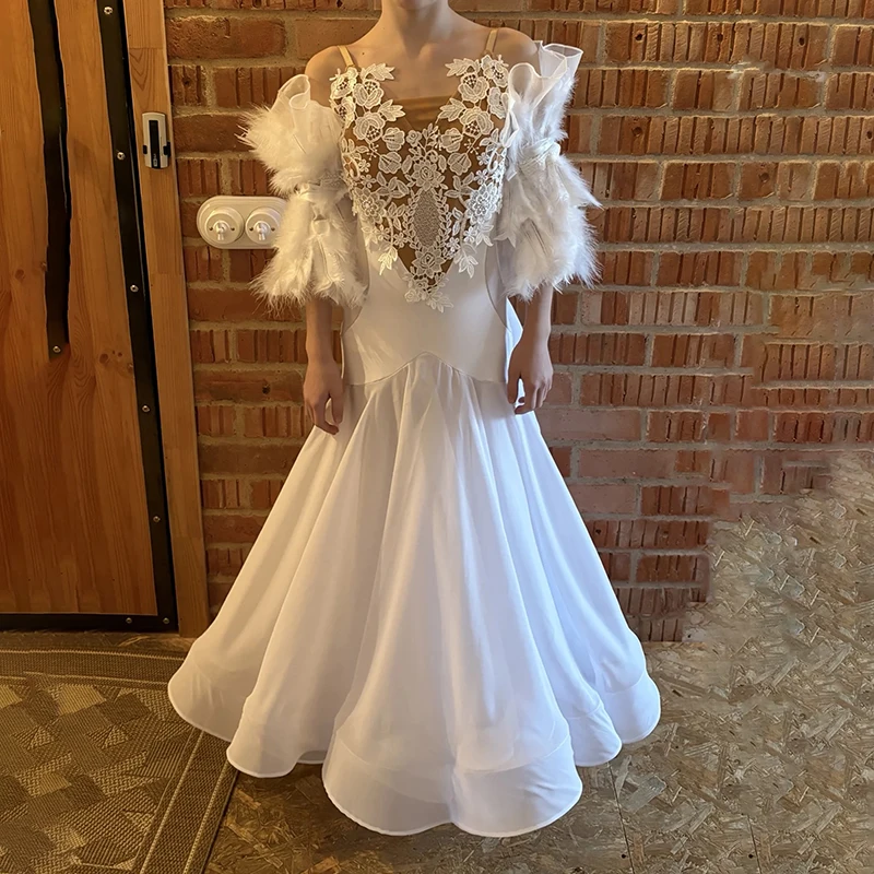 Customized Ballroom Dance Competition Dresses For Women White Lace Big Swing Skirts Waltz Modern Dance Performance Wear Costume