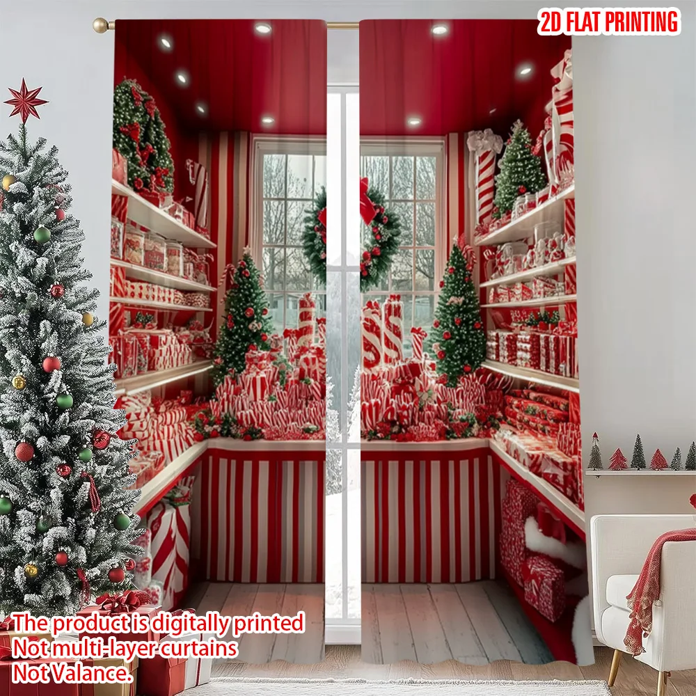 

2pcs 2D flat printing Merry Christmas Window Drapes Candy Party 100% Polyester Without Electricity Party Decorations Perfect for