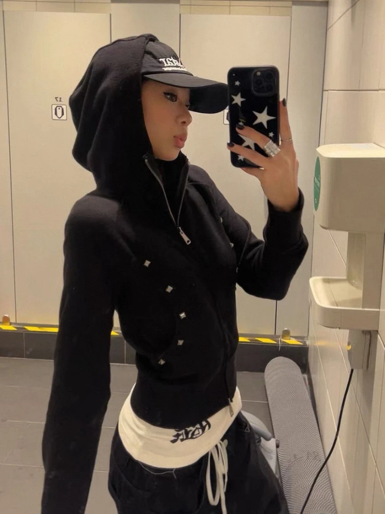 American retro double zipper women's cardigan slim fit hooded sweatshirt autumn and winter spicy girl trend top millennium style