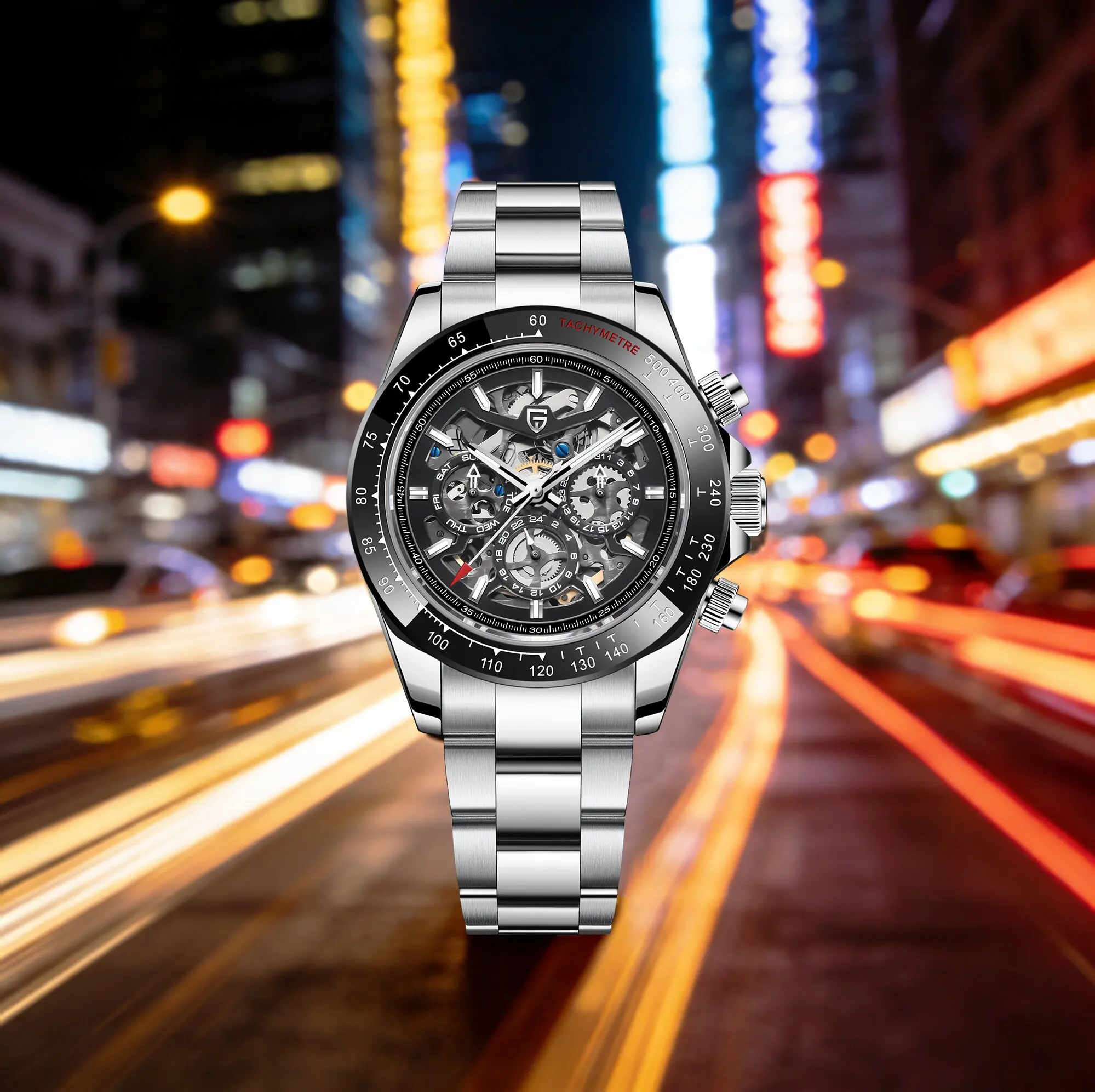 PAGANI DESIGN Personalized Men Automatic Mechanical Watch Colorful Gemstone Bezel Small Three-Pin Tachymeter Design Chronograph