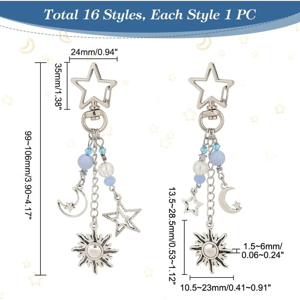 16pcs Sun Star Moon Keychain Metal Star Keyring Tassel Charm Pendants Key Chain with Clasps for Wallet Purse Supplies making kit