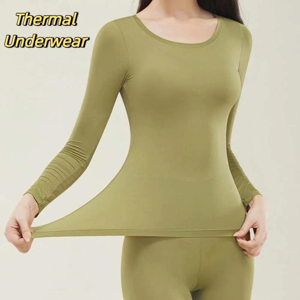 Ultra Thin Women Thermal Clothes Tops and Pants Set Invisible Thermal Underwear Round Neck Lingerie Warmth Long Pants Undershirt