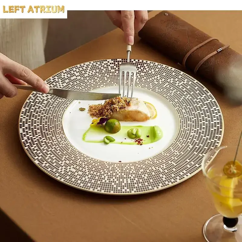 Irregular Hand Drawn Gilding Ceramic Flat Plate Restaurant Steak Dessert Pasta Plates Molecular Cuisine Tableware