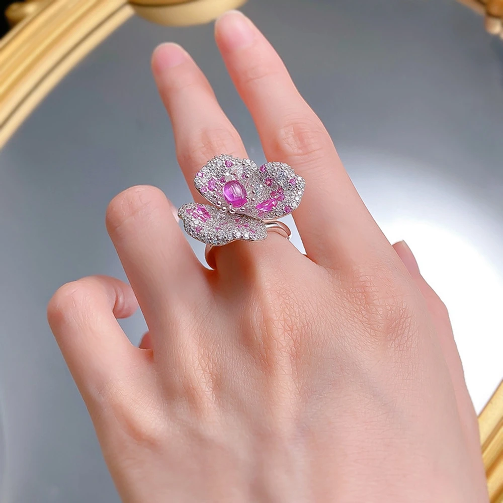 Wong Rain Romantic 925 Sterling Silver Oval Lab Pink Sapphire High Carbon Diamond Gemstone Flower Ring for Women Fine Jewelry