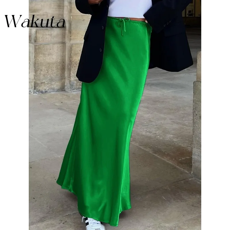 WAKUTA 2024 autunno francese a vita alta cravatta pendolare Maxi Y2K gonna temperamento sottile Versatile coda di pesce lungo Vestido Elegante Mujer