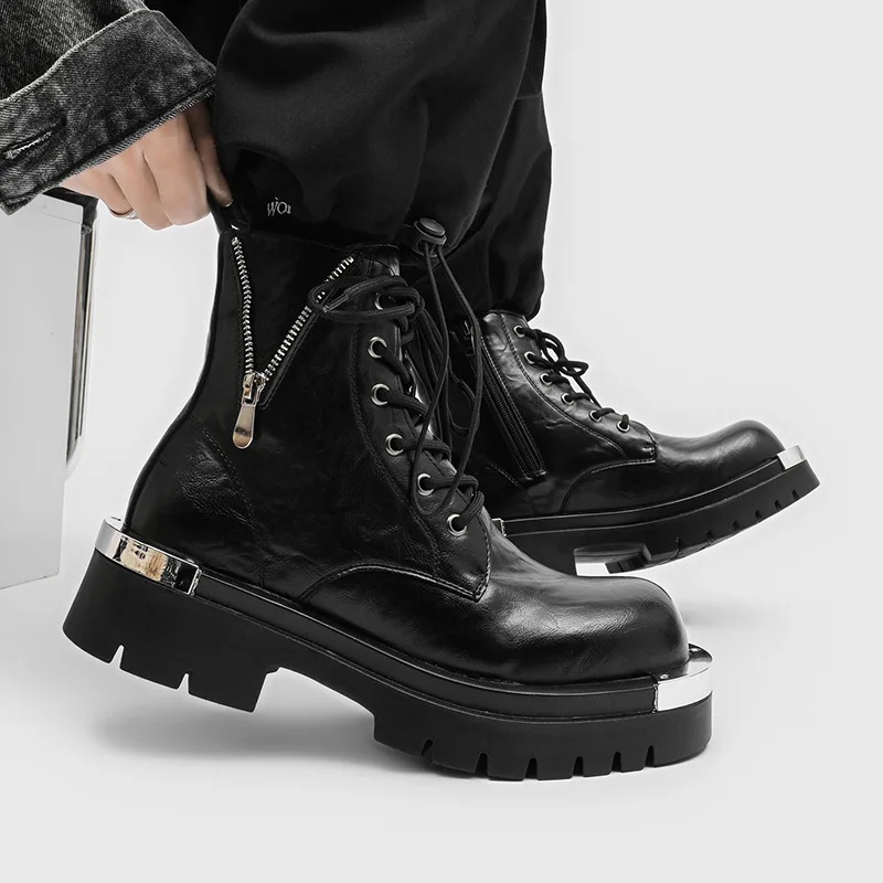 men fashion punk stage platform boots lace-up black trend shoes cowboy original leather boot designer cool high motorcycle botas
