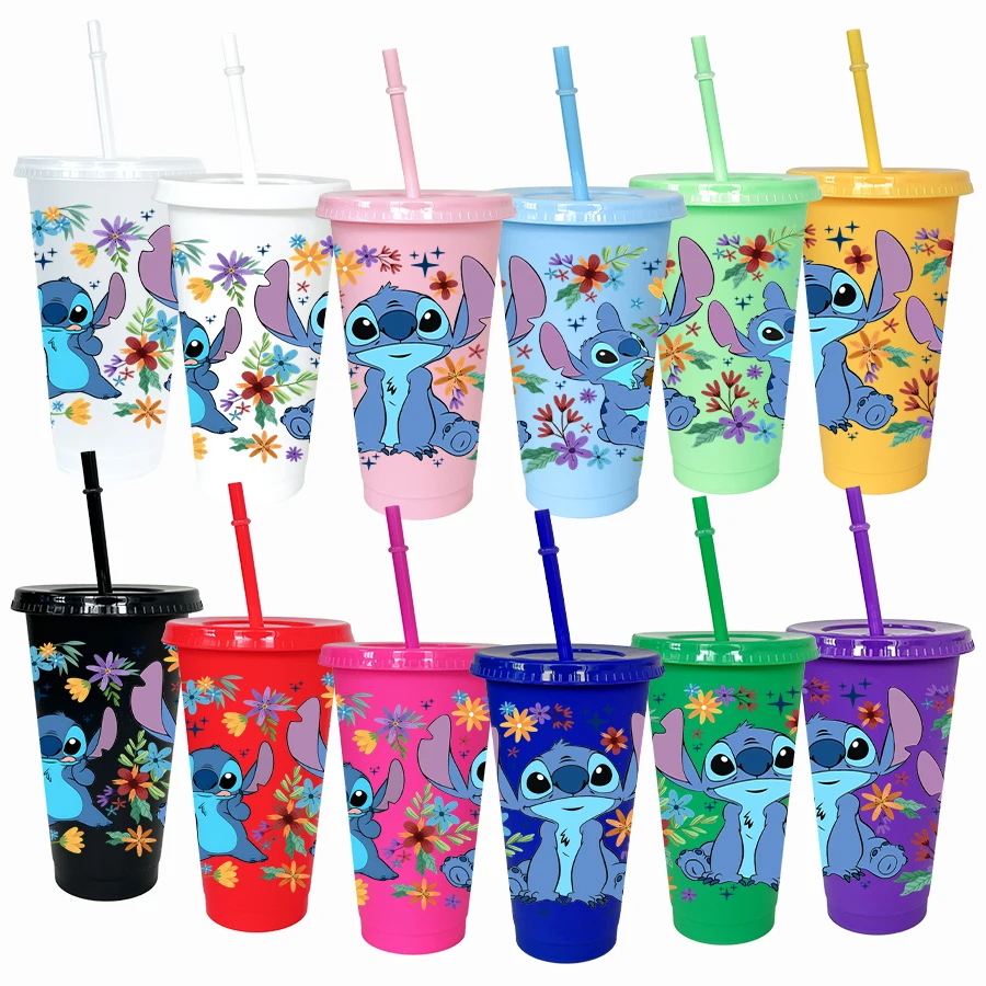 12 sztuk/opakowanie Disney Stitch kwiatowy kubek na wodę 770 ml wielokolorowy plastikowy zestaw do napojów na przyjęcie urodzinowe/powrót do szkoły