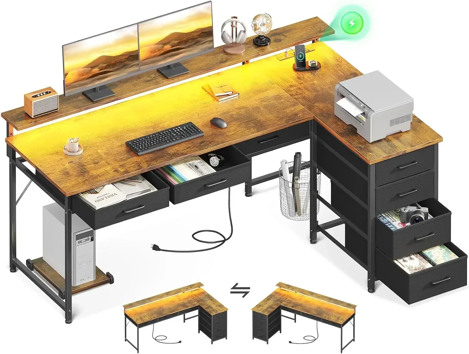 

53" L Shaped Desk with 7 File Drawers, Gaming Desk with LED Light & Power Outlet, Reversible Home Office Desk