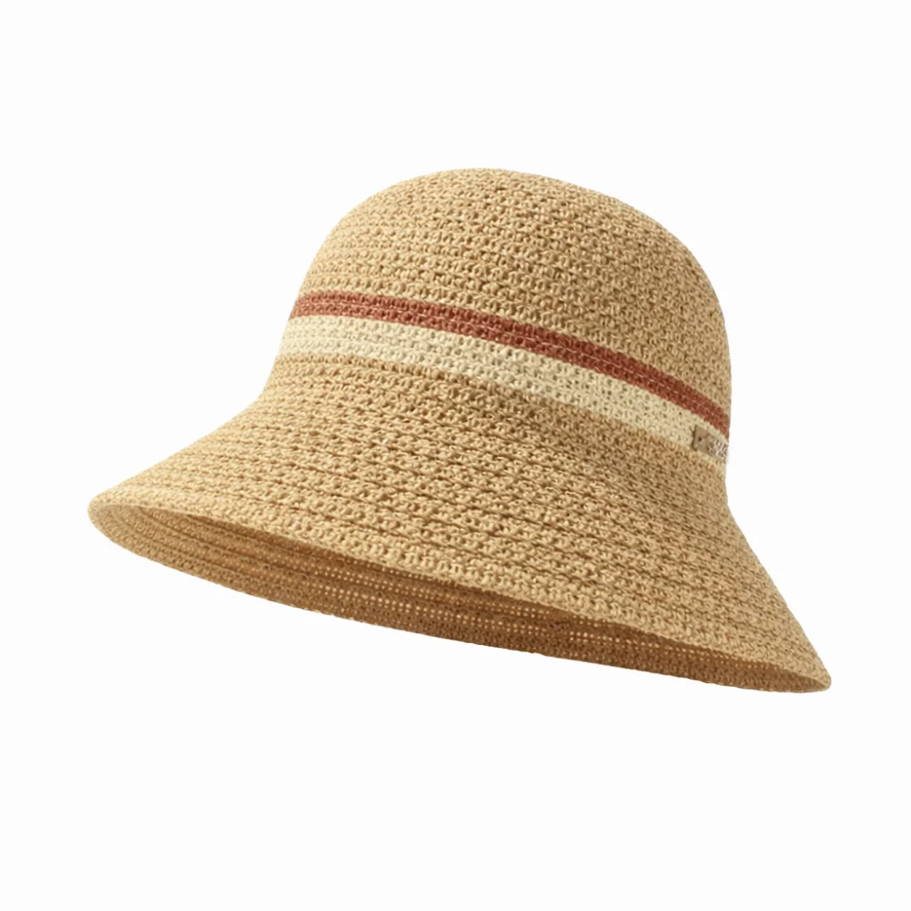 

New Flat Brim Wide Brim Bucket Hat Contrast Stripes Breathable Hollow Straw Cap Casual UV Protection Sun Hat Summer