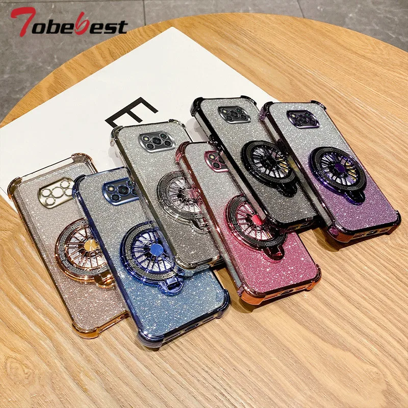 Glitter Shockproof Gradient Plating Gyro phone holder Case For Xiaomi POCO X3 NFC Pro Silicone Cover