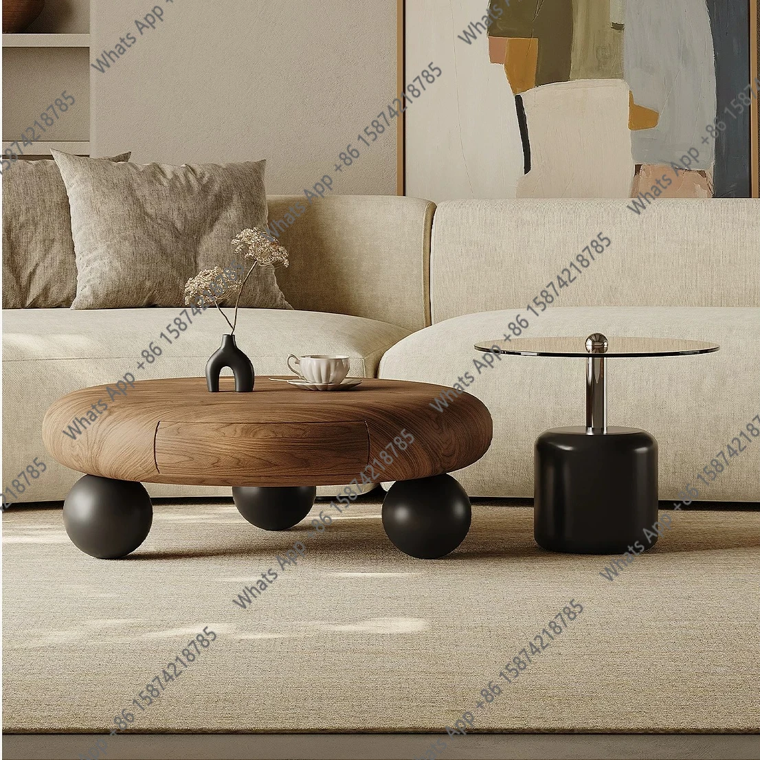 Medieval style coffee table living room minimalist retro high-end atmosphere fashion design sense storage round coffee table