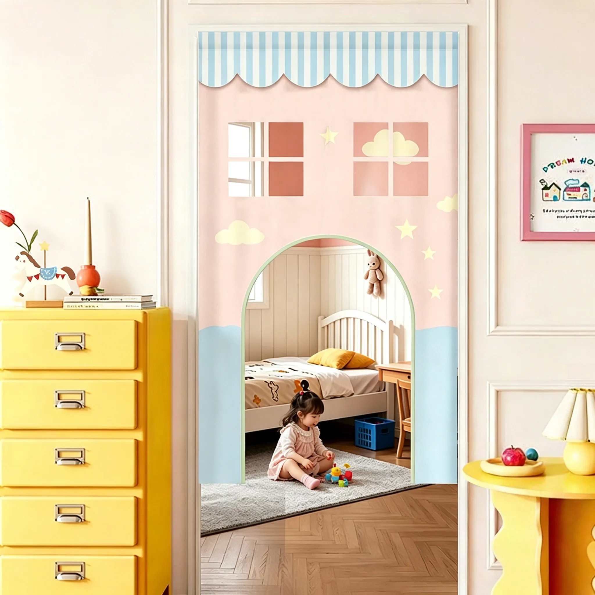 VIKAMA Cloud Dream House Arched Half Door Curtain Kids Room Cotton Linen Short Curtain Privacy Partition Home Decor Bedroom