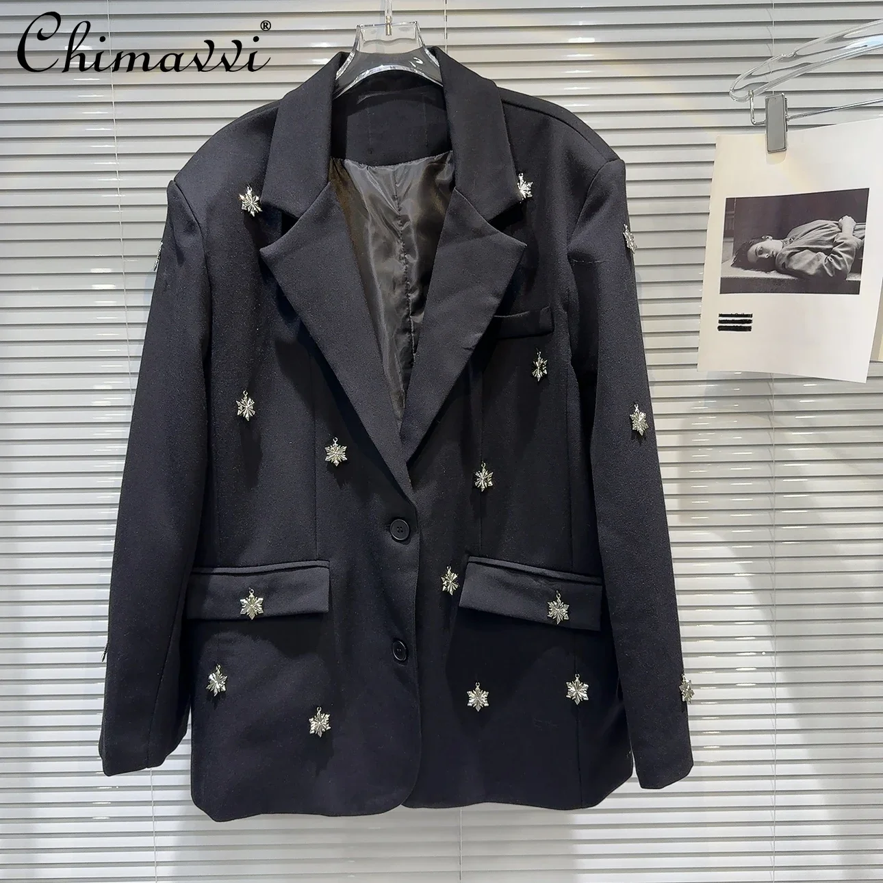 

Spring and Autumn New Fashion Metal Snowflake Diamond Design Black Blazer Coat Loose Long Sleeve Temperament Women Suit Jackets