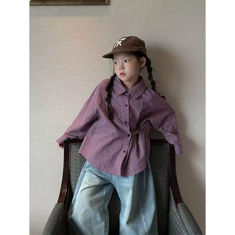 2026 Girls' Stylish Checkered Long Sleeved Casual Shirt Girls' New Layered Lazy Style Retro Shirt