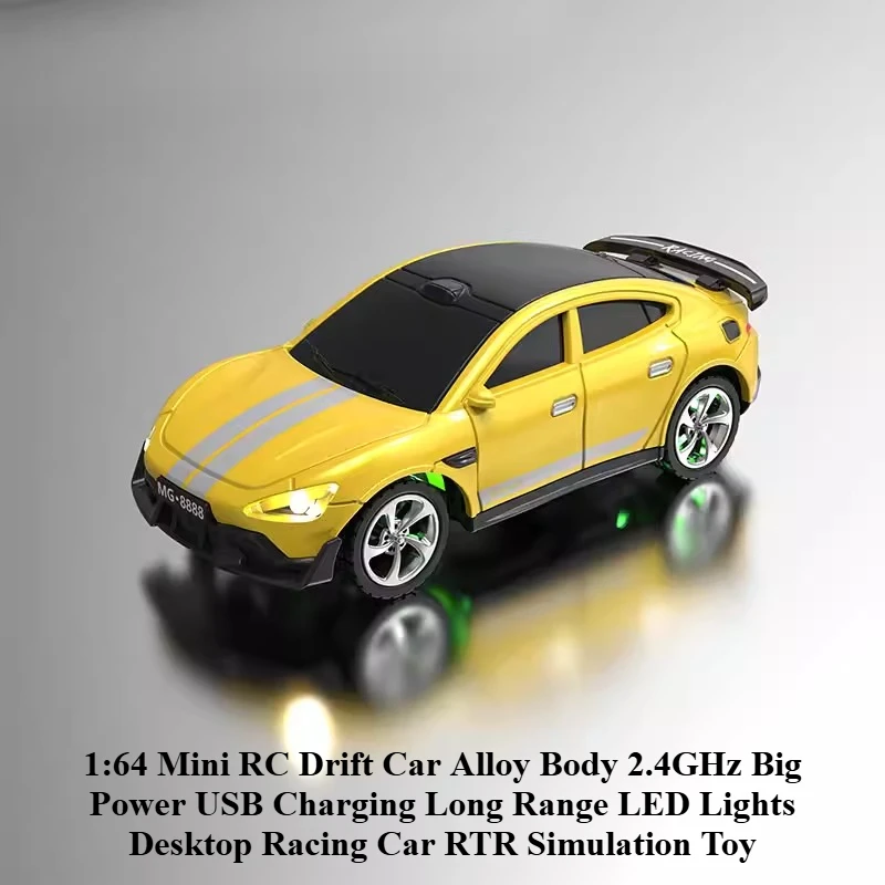 1/64 Mini RC Drift Car Alloy Body 2.4GHz Big Power USB Charging Long Range LED Lights Desktop Racing Car RTR Simulation Toy
