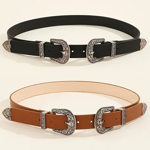 Women's Belt Vintage Carved Buckle Men's Belt Fashion Double Buckle Belt Hip Hop Rock Y2K Style PU Belt, Suitable for Men Women