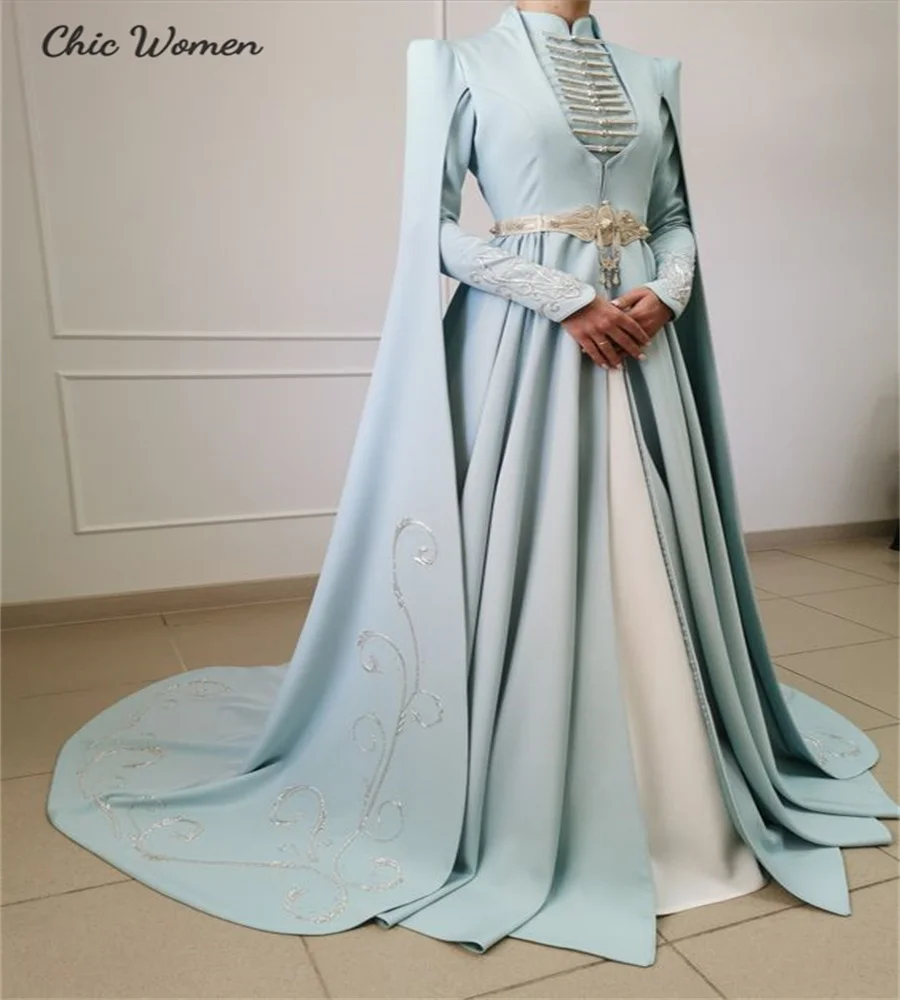 Traditional Muslimah Blue Wedding Dress 2024 Georgian 18th Russian Pagan Bridal Dress Princess Beaded Long Sleeve Medieval Bride