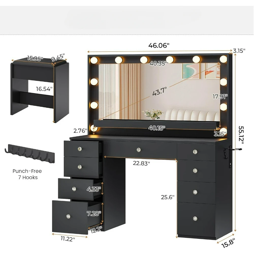 with Large Lighted Mirror and 9 Drawers, Large Vanity Desk with Storage Rack, Hook, Crystal Handle,  with Charging Station