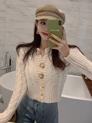 

Chic ort Svel Knitted Cardigan Women's Faionable Korean Sle Autumn Winter New Arrival Polyester Fiber round Ne ...