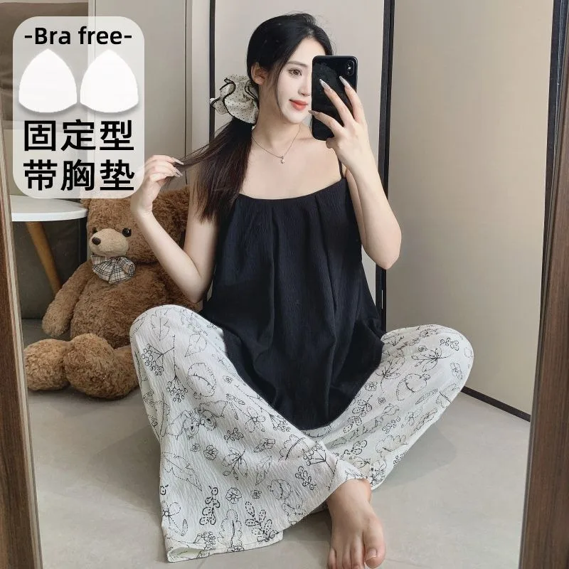 Cloud Cotton Women Summer Looose Pajamas with Chest Pad Cami Tops and Trouser Korean Sweet Floral Loungewear Can Be Worn Outside