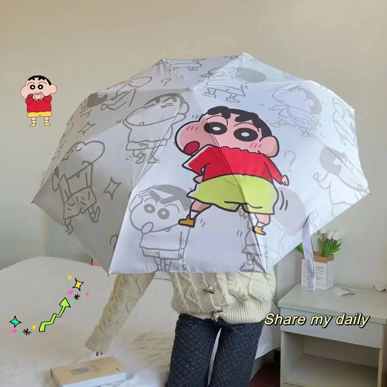 Anime Crayon Shin-chan Umbrella Automatic Folding Small Sunshade Tri-fold Umbrella Rain or Shine Cartoon Peripheral Holiday Gift