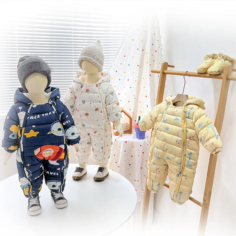 2026 Winter Warm NewBorn Baby 3M 6M 9M 12M 18M 24M Toddler Kids Plus Velvet Jumpsuit Pattern Thick Boys Girls Rompers With Shoes